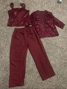 Amazon Burgundy 3-Piece Jumpsuit Set with Sequin Jacket
